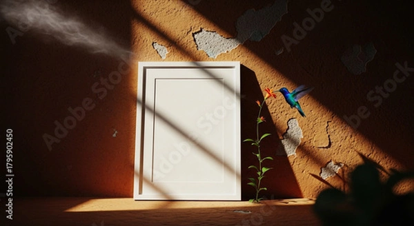 Fototapeta A white frame against a textured wall with a hummingbird and a flower in sunlight