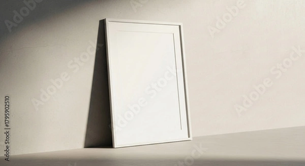 Fototapeta A white picture frame leaning against a wall in a softly lit minimalist setting
