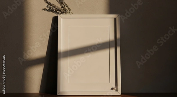 Obraz White framed cabinet with dried lavender on top casting shadows on a neutral wall