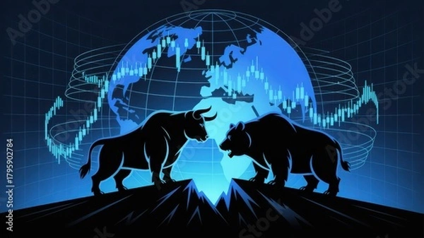 Fototapeta An artistic illustration representing the financial markets, depicting a bull and a bear in a global context