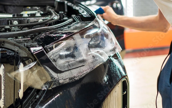 Obraz A car wrapping specialist applies a polyurethane film to the car. Selective focus. PPF protective film against chips and scratches. Car wrapping, detailing, tuning and styling. Detailer smoothes PPF. 