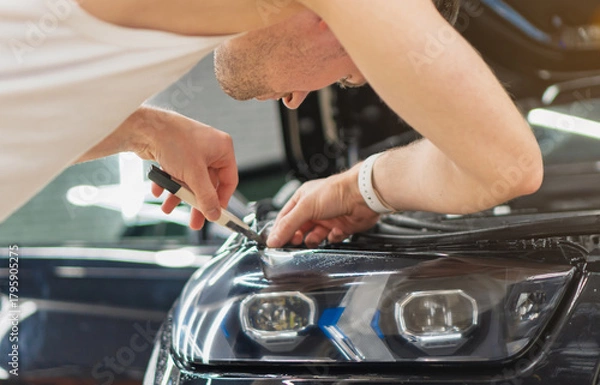 Fototapeta A car wrapping specialist applies a polyurethane film to the car. Selective focus. PPF protective film against chips and scratches. Car wrapping, detailing, tuning and styling. Detailer smoothes PPF. 