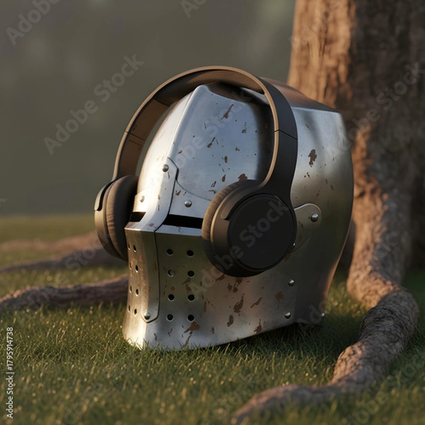 Obraz Medieval knight helmet fitted with modern wireless headphones