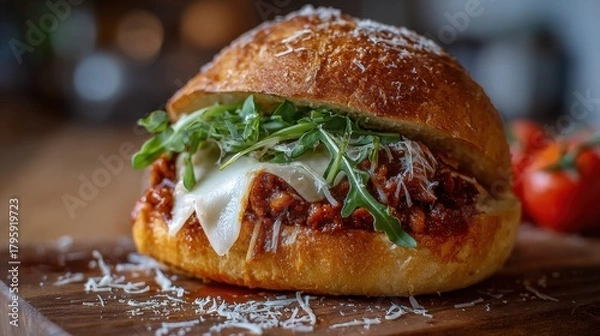 Obraz shot of a large, messy sandwich with a toasted bun, filled with bolognese-style meat sauce, a slice of melted cheese, arugula, and a generous sprinkle of grated parmesan on a wooden board.