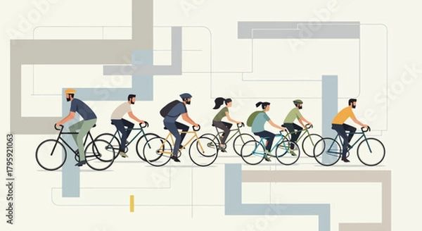 Fototapeta Diverse Group of People Cycling Together in a Modern Abstract Urban Landscape with Geometric Shapes
