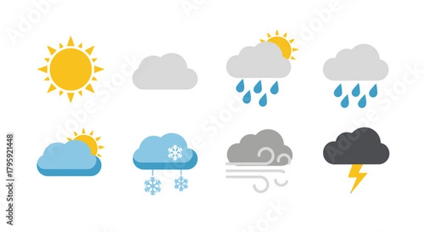 Fototapeta Colorful Weather Icons Collection Sun Rain Snow Clouds Wind Stormy Lightning Forecast Symbols Set