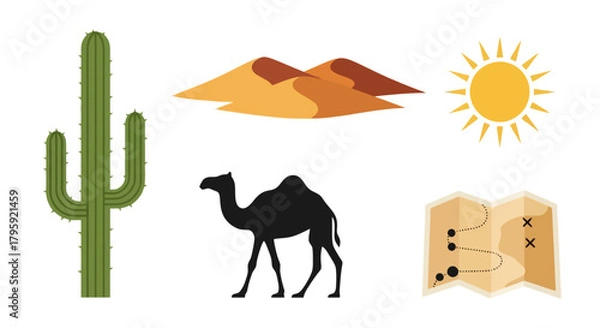 Fototapeta Desert Landscape Icons Cactus Camel Sand Dunes Sun and Map for Travel and Adventure Concepts