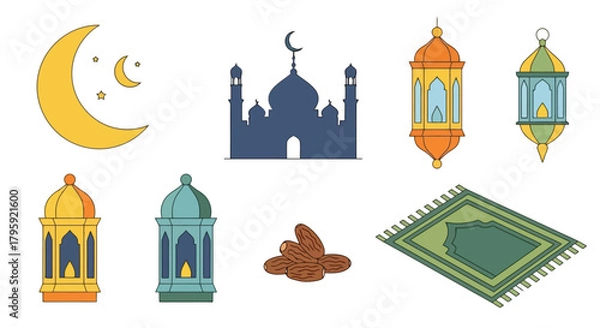 Fototapeta Ramadan Kareem Icons Set Crescent Moon Mosque Lanterns Dates Prayer Mat Flat Vector Illustration for Islamic Holidays and Celebrations