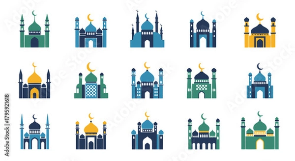 Fototapeta Islamic Mosque Set Collection of Diverse Flat Vector Illustrations for Religious and Cultural Projects