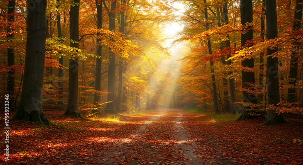 Obraz A dense autumn forest with golden sunlight streaming through the trees, creating a warm and serene atmosphere among the fallen leaves.