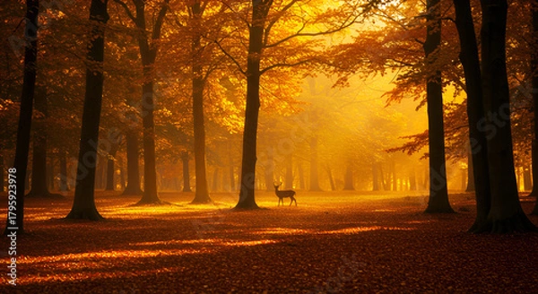 Obraz A dense autumn forest with golden sunlight streaming through the trees, creating a warm and serene atmosphere among the fallen leaves.