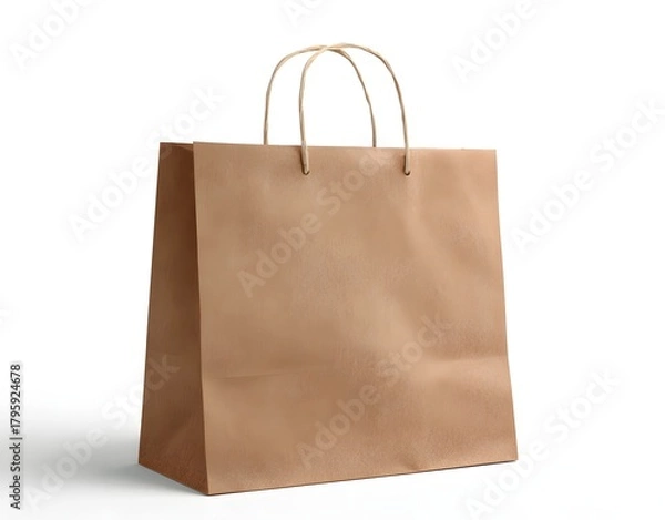 Fototapeta Brown paper bag with a white background. The bag is empty and has a brown handle. The bag is sitting on a white surface