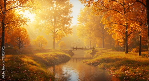 Obraz A dense autumn forest with golden sunlight streaming through the trees, creating a warm and serene atmosphere among the fallen leaves.