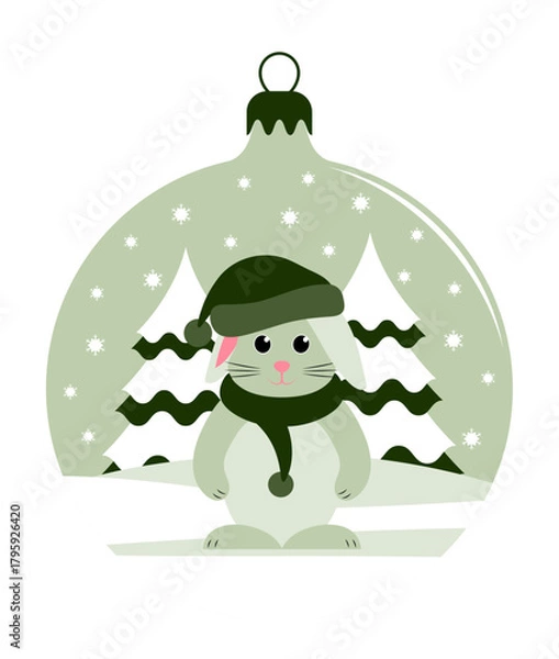 Fototapeta bunny with cap and scarf in christmas ball isolated on white background