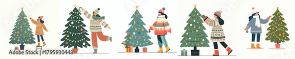 Obraz vector woman decorating christmas tree at home