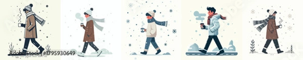 Fototapeta vector of man walking carrying warm drink in winter