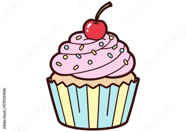 Fototapeta Cartoon cupcake with pink frosting and sprinkles on light blue background for dessert concept
