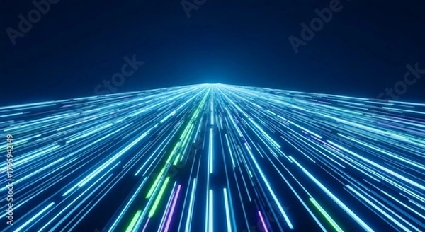 Fototapeta Data Transfer Highway
“3D glowing lines forming a highway-like structure, symbolizing fast data transfer, minimal and smooth.”