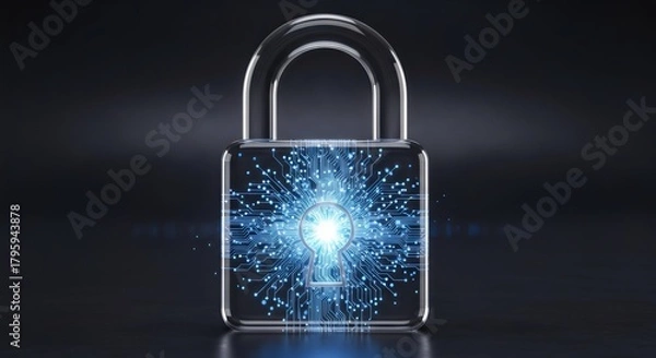 Fototapeta Cybersecurity Lock Symbol
“A detailed 3D padlock made of transparent glass, with tiny circuit lines inside, softly glowing from the center in cool blue tones.”
