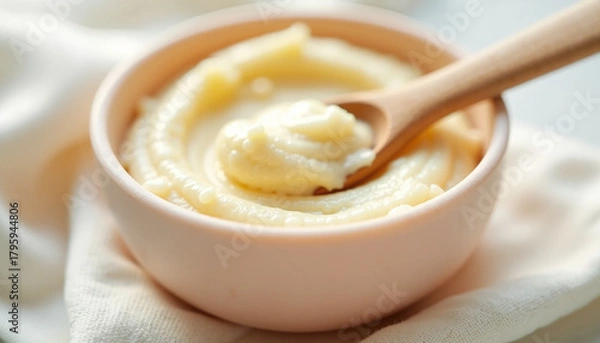 Fototapeta Shea butter in bowl, a natural moisturizer used in beauty products. Shea butter, thick cream, is known for skincare and haircare routines, suitable for dry skin treatment.