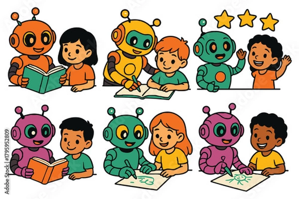 Obraz Friendly robots and children engaged in learning and reading together in a cheerful illustration
