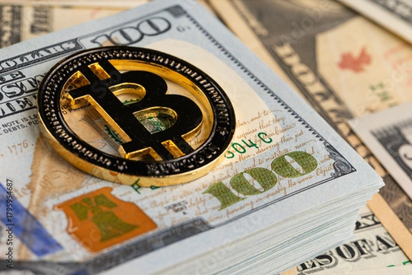 Fototapeta Physical Gold Bitcoin Coin Standing on Stack of US One Hundred Dollar Bills