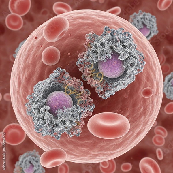 Obraz Two larger cells with purple nuclei undergoing division, surrounded by small blood cells