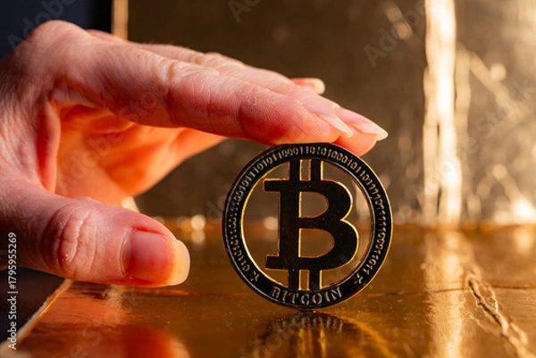 Fototapeta Close Up of Hand Holding Physical Gold Bitcoin Coin on Reflective Golden Surface