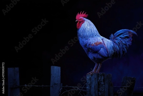 Fototapeta Studio-like night scene of a rooster standing on a wooden fence post with barbed wire, set against a deep star-filled sky.