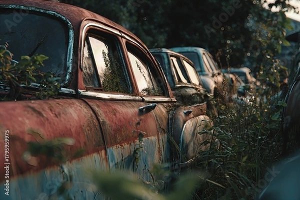 Fototapeta Close view of several old cars with heavy rust and patina, half-buried in tall grass at dusk.