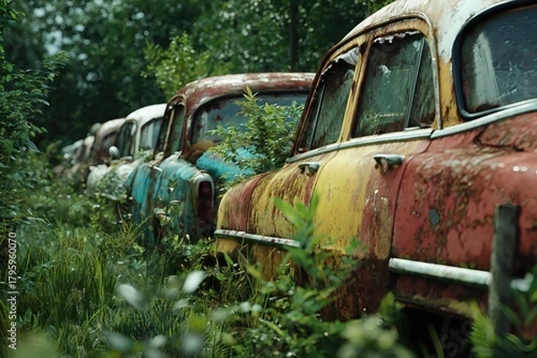 Fototapeta Close view of several old cars with heavy rust and patina, half-buried in tall grass at dusk.