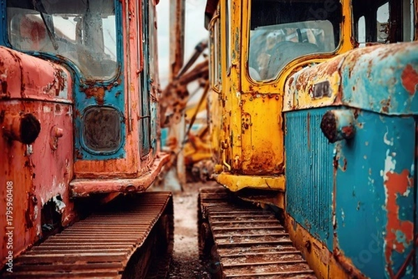 Fototapeta Weathered bulldozers lined up in construction yard