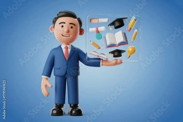 Fototapeta 3D Cartoon Character Holding a Transparent Screen with Educational Symbols