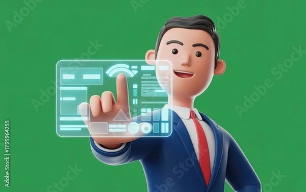 Fototapeta 3D character touching a futuristic holographic interface with a green screen background