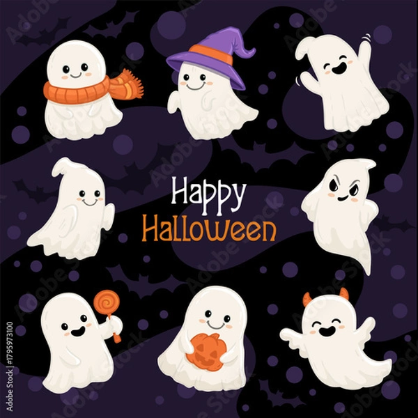 Fototapeta set of cute halloween ghosts on purple background. Collection ghost in flat style. Vector illustration

