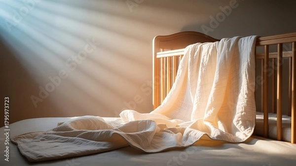 Obraz wooden crib with pastel-colored bedspread