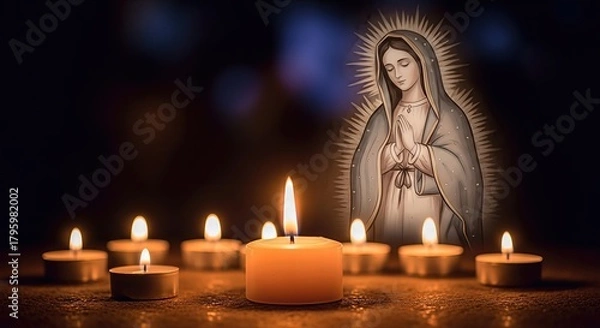 Fototapeta Candlelit vigil honoring Virgin Mary on Immaculate Conception Eve in Colombia, sacred devotional light glowing softly.