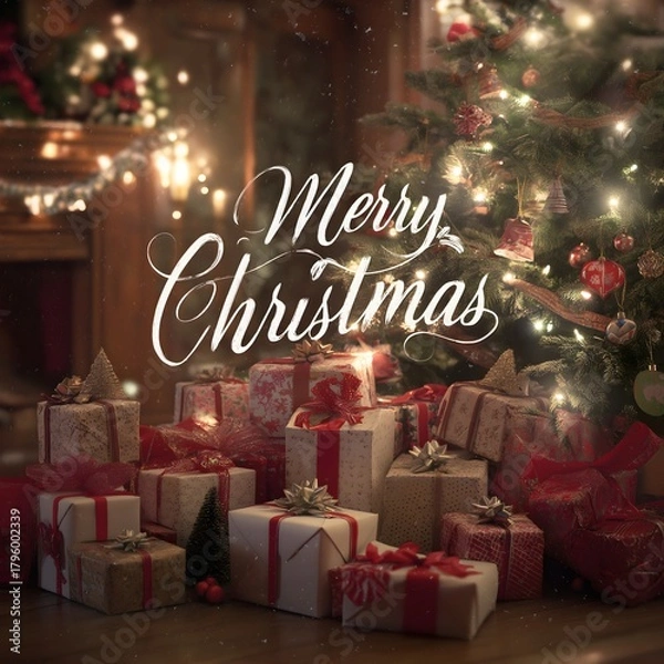 Fototapeta Warm Merry Christmas scene with glowing tree, festive gifts, and cozy fireplace, perfect for holiday wishes and seasonal greetings