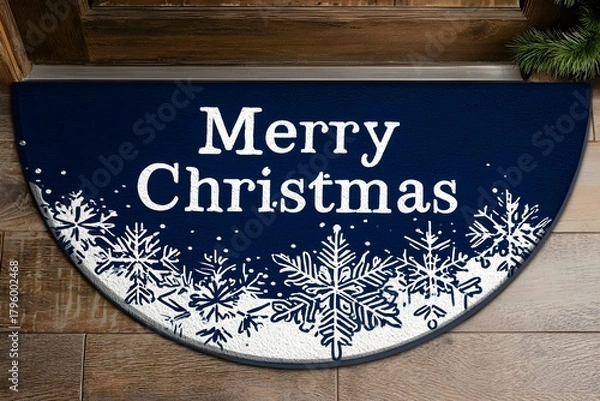 Fototapeta Welcome guests with a festive Merry Christmas doormat adorned with elegant snowflakes, perfect for a cozy holiday entrance.