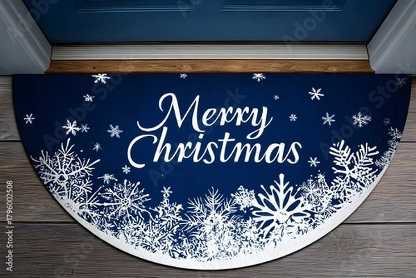 Fototapeta Welcome guests with a festive Merry Christmas doormat featuring elegant snowflakes and deep blue holiday cheer