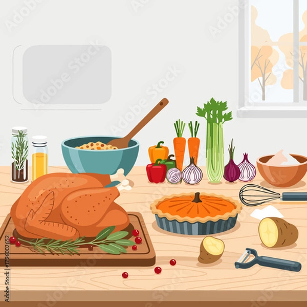 Obraz Holiday Feast Preparation: Roasted Turkey, Pumpkin Pie, and Fresh Ingredients on Kitchen Counter