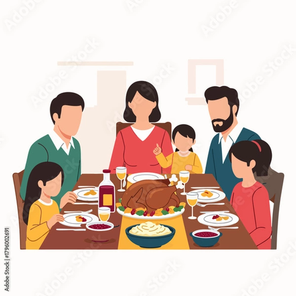 Fototapeta Happy family enjoying a festive holiday dinner with roasted turkey and traditional meal at home. Togetherness illustration.