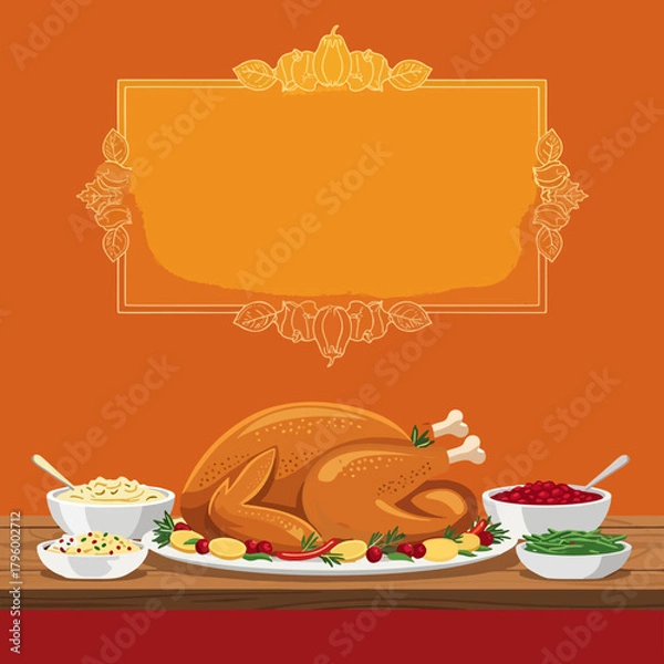 Fototapeta Festive Thanksgiving Dinner Illustration with Roasted Turkey, Side Dishes, Autumn Decor Frame, and Blank Copy Space