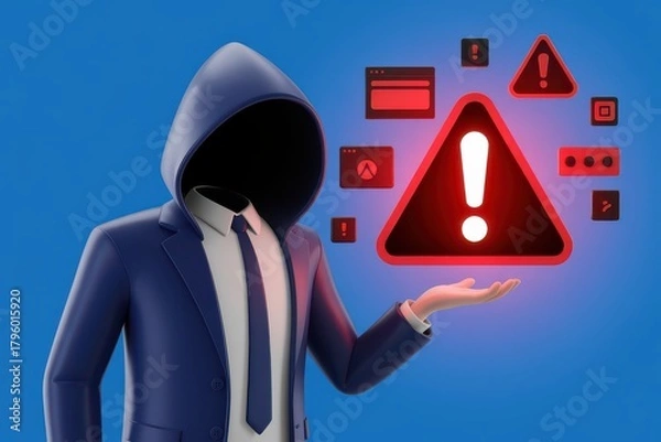 Fototapeta Cybersecurity threat and alert with hacker in a suit and tie