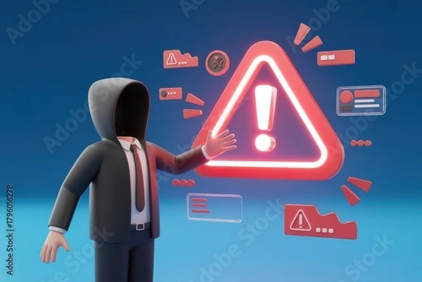 Fototapeta Cybersecurity Warning Icon with Hooded Hacker
