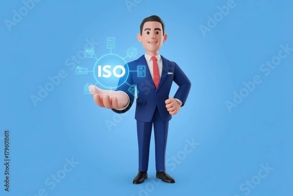 Fototapeta Business professional presenting a hologram of ISO certification