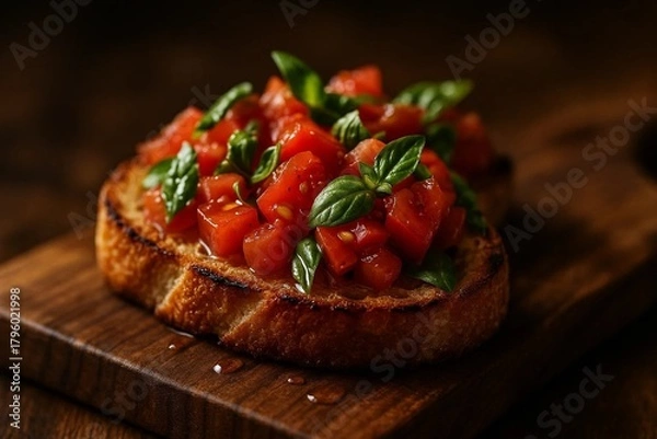 Obraz Classic Bruschetta with Fresh Tomatoes and Basil on a Wooden Board