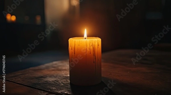 Obraz A single candle burns quietly in a dark room, casting a warm glow on aged walls and a wooden floor. Shadows flicker softly, evoking solitude, peace, memory, and quiet reflection. Generative Ai