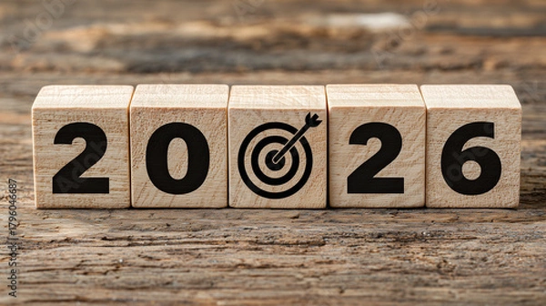 Fototapeta Wooden blocks forming “2026” with a target icon, symbolizing goals, planning, success and new year motivation for growth and achievement