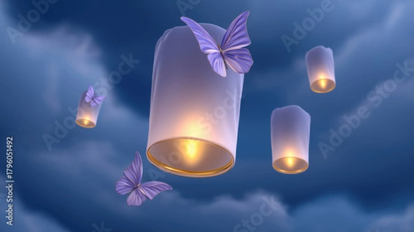 Obraz Sky lantern butterfly night glowing floating cloud dreamy peaceful celebration blue—Sky lanterns with glowing light float among clouds night adorned with purple butterflies creating dreamy